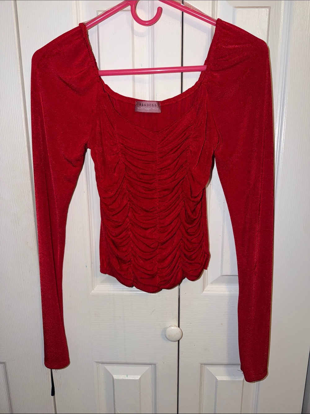 Ragdoll Red Ruched Long-Sleeve Scoop Neck Top